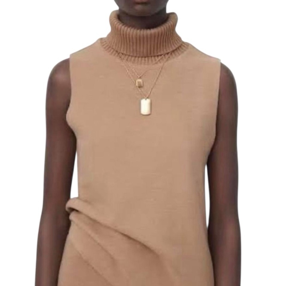 Zara Sleeveless Tan Turtleneck Sweater Top Fall Career Modern Raw Hems Camel S